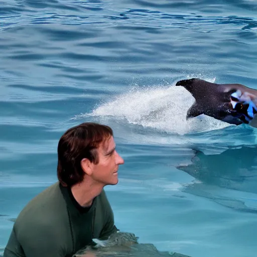 Prompt: prince of darkness having a chat with a dolphin