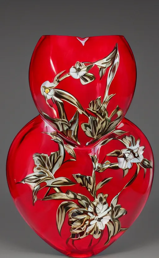 Image similar to a vase in the shape of a heart with red accents designed by versace, with some flowers