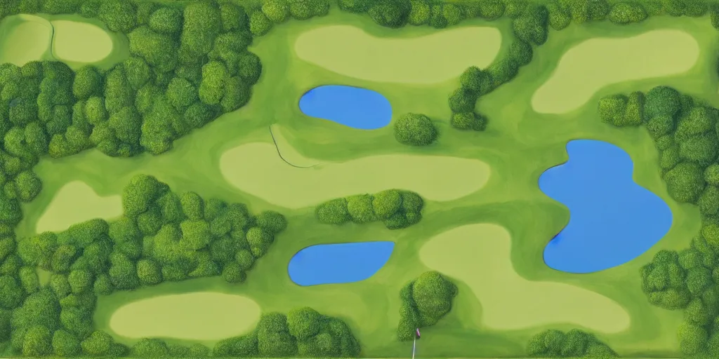 Prompt: top down oil painting of a 18 hole golf course layout, there is water all around, a lake and a river, many bushes and trees, minimalistic, flat, high res