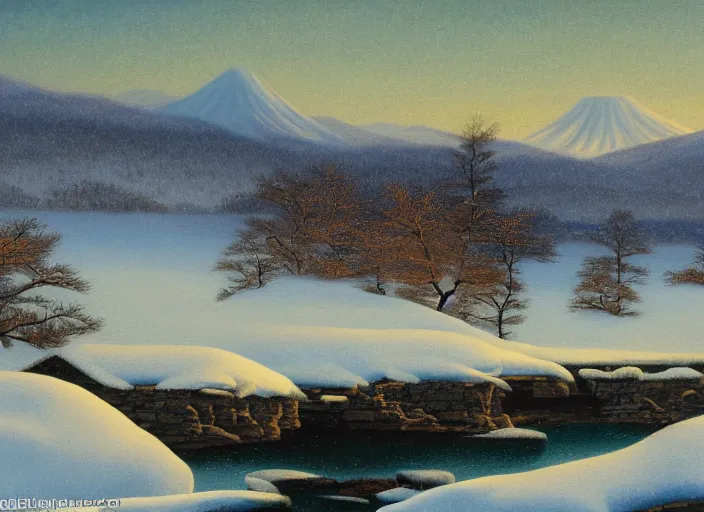 Image similar to hokkaido in winter, japan in the style of hudson river school of art, oil on canvas