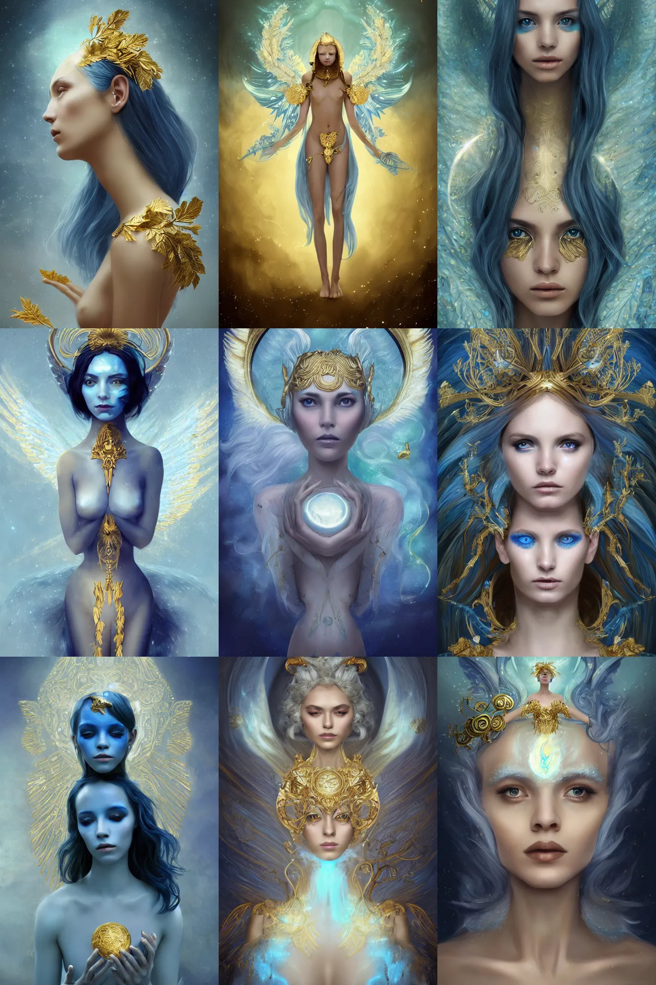 Prompt: a muse of beauty, a Young Women alien steampuck angel with gold and white skin , blue color, hair made of leaves, face by wlop, face by Charlie Bowater + golden ratio, symmetric, elegant, ornate, luxury, elite, matte painting, magical, cinematic, cgsociety, 8k, high resolution,