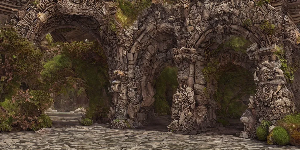 Image similar to a beautiful ornate stone portal to a mysterious world at the end of a tranquil riverbed, 3 d render, by dave dorman, anato finnstark and lisa frank, 8 k, extreme detail, sharp focus, octane render