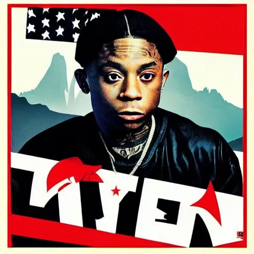 Image similar to “ lil wayne with a little bruce wayne, north korean propaganda poster, album cover ”