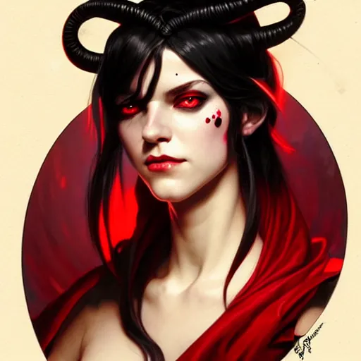 Prompt: Portrait of jovial young female tiefling sorceress, D&D, red eyes, face, short black hair, fantasy, intricate, elegant, highly detailed, digital painting, artstation, concept art, smooth, sharp focus, illustration, art by artgerm and greg rutkowski and alphonse mucha