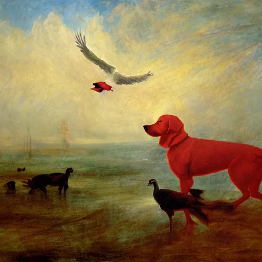 Image similar to A red dog sitting in the middle with red squares floating. Ducks flying in the background. in the art style of William Turner. Dramatic, high resolution.