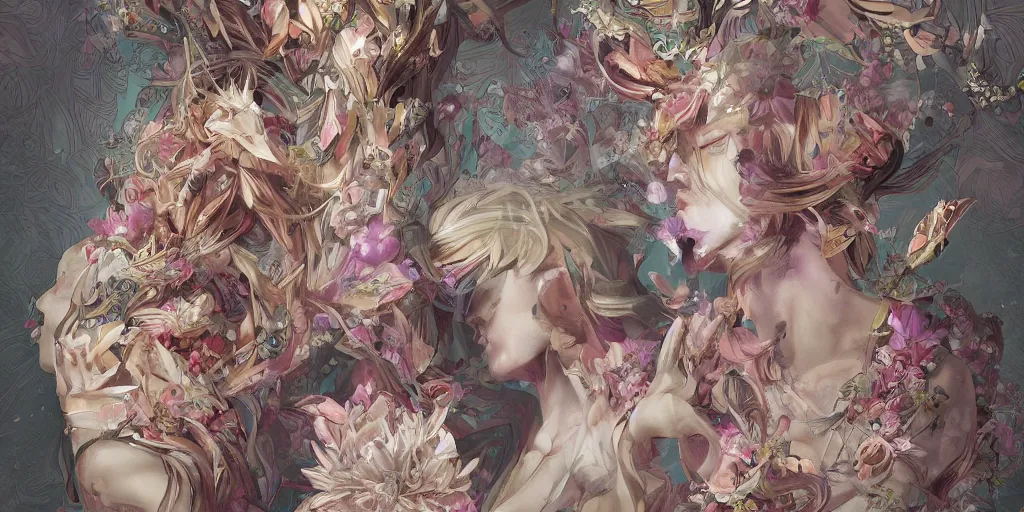 Image similar to breathtaking detailed concept art painting kaleidoscope art deco pattern of blonde faces goddesses amalmation flowers, by hsiao - ron cheng, bizarre compositions, exquisite detail, extremely moody lighting, 8 k