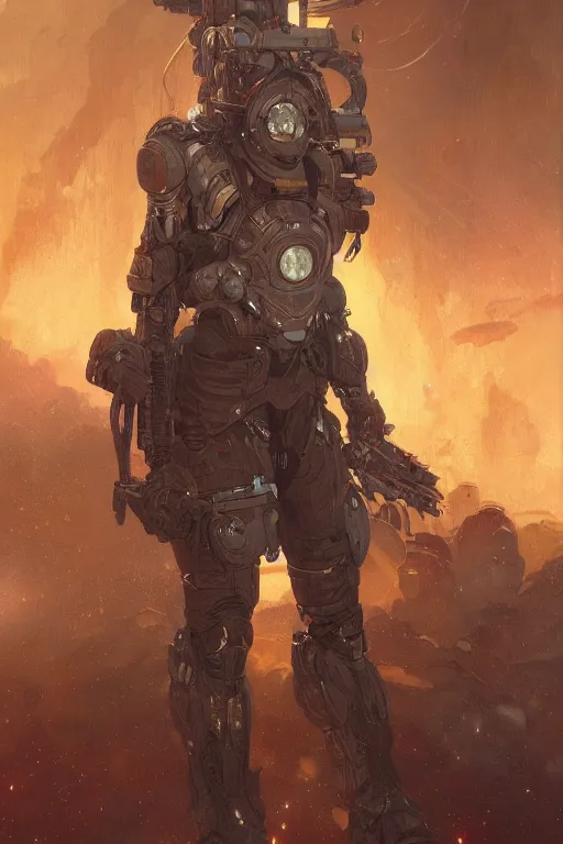 Image similar to A full portrait of a scifi heavy deep space flamethrower soldier, intricate, elegant, highly detailed, digital painting, artstation, concept art, smooth, sharp focus, illustration, art by Krenz Cushart and Artem Demura and alphonse mucha