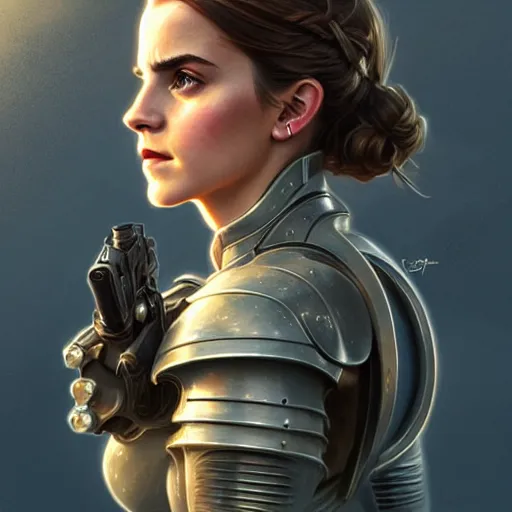 Image similar to beautiful Emma Watson in a Power Armor, western, closeup, D&D, fantasy, intricate, elegant, highly detailed, digital painting, artstation, concept art, matte, sharp focus, illustration, art by Artgerm and Greg Rutkowski and Alphonse Mucha