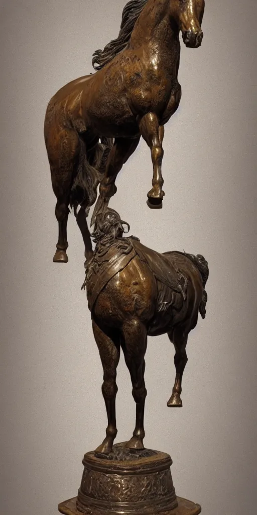 Prompt: detailed photo of an old bronze patina statue of a horse, full body portrait, various pose, photorealism, intricate detail, museum diffuse lighting