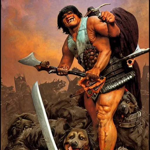 Prompt: grinning rottweiler barbarian, fantasy warrior, drooling, ultra detailed, 4 k, style of norman rockwell, style of richard corben.