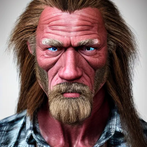 Prompt: film still photo portrait of a toothless middle aged 5 6 year old redneck hillbilly with a mullet, funky looking, realistic, hyperrealistic, 8 k resolution, hd quality, very detailed, highly detailed, intricate details, real life, real world, trending on artstation, digital art, really realistic, very realistic, headshot, head in frame, photograph, portrait