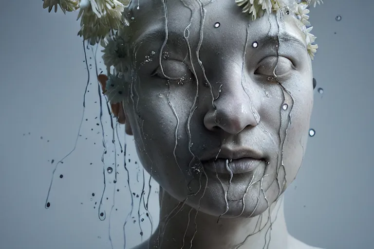 Image similar to a sculpture of a person with flowing tears, fractal flowers on the skin, intricate, a marble sculpture by nicola samori, behance, neo - expressionism, marble sculpture, apocalypse art, made of mist, still frame from the prometheus movie by ridley scott with cinematogrophy of christopher doyle, arri alexa, anamorphic bokeh, 8 k