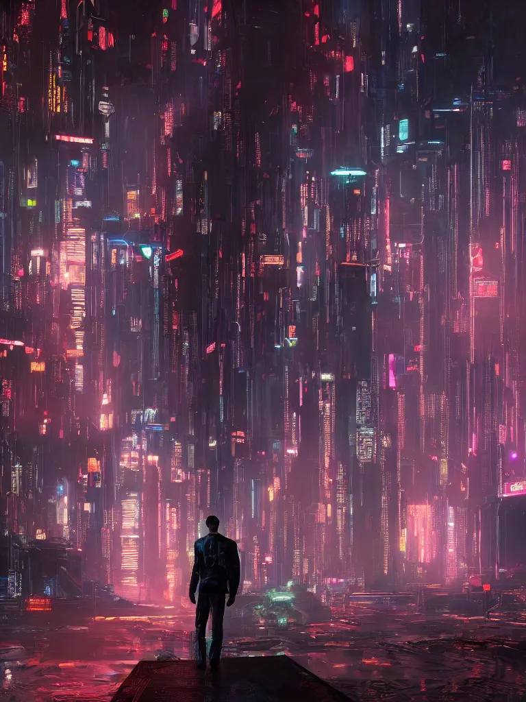 Prompt: portrait of a man, standing in a hall of cyberpunk megacomplex; hyperrealistic, 4K wallpaper, cinematic lighting, highly detailed and beautiful