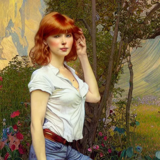 Image similar to A woman with blonde long hair and short bangs haircut in shorts and white shirt drawn by Donato Giancola and Jon Foster, frank frazetta, alphonse mucha, background by James Jean and gustav klimt, 4k, volumetric lighting, french nouveau, trending on artstation, octane render, hyperrealistic