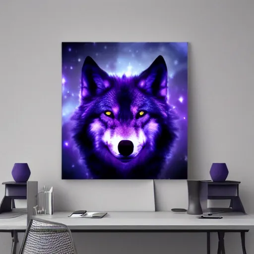 Image similar to of a fantasy sky of purple and blue a wolves face is the whole of sky with 5 0 % opacity and there are stars and galaxy ’ s and his eyes are piercing digital art epic cinematic lighting detailed