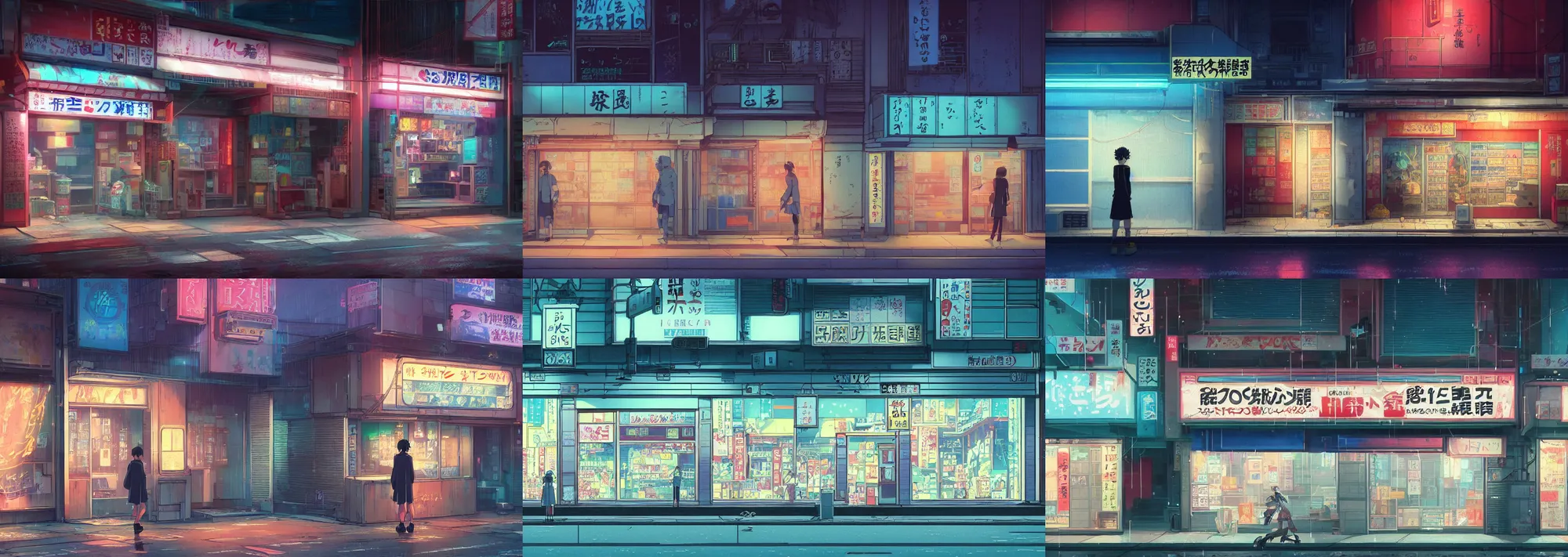 Prompt: front view of a closed japanese storefront in the atmospheric cyberpunk anime film, at night with neon lights, by makoto shinkai and studio ghibli