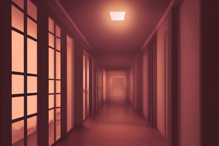 Prompt: a hallway of a suburban house at night. moonlight shines through the window at the end. a translucent shadow man walks down the hallway. digital art 4 k