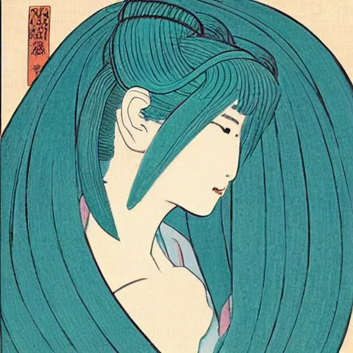 Prompt: a portrait of the japanese princess hatsune miku by hokusai, portrait, painting, detailed, vibrant, teal hair, porcelain skin