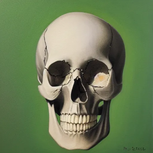 Prompt: a portrait of an old skull, pale green background, oil painting