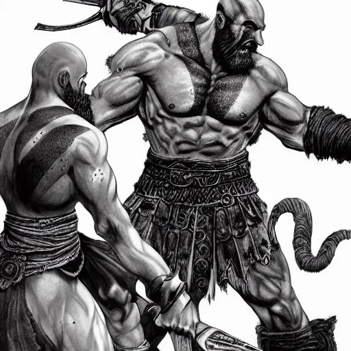 Prompt: god of war, kratos, fight scene still, manga, detailed drawing, featured on pixiv, gothic art, official art, by kentaro miura
