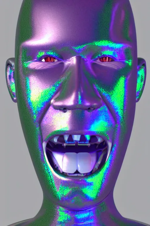 Image similar to 3d render of holographic angry human robotic screaming angry bust made of glossy iridescent, screaming, bust, surrealistic 3d illustration of a human non-binary, non binary model, 3d model human, cryengine, made of holographic texture, holographic material, holographic rainbow, concept of cyborg and artificial intelligence