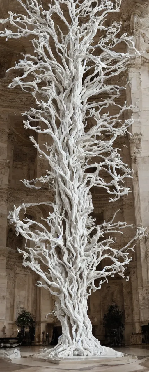 Prompt: a stunning and hyperdetailed tree made with intricate roots made of white marble sculpted by canova