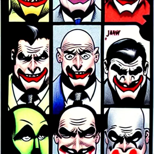 Image similar to drawing of 1 4 tiny jokers all in the mouth of gotham city's finest investigative reporter jack ryder, 4 k art by brian bolland, graphic novel art