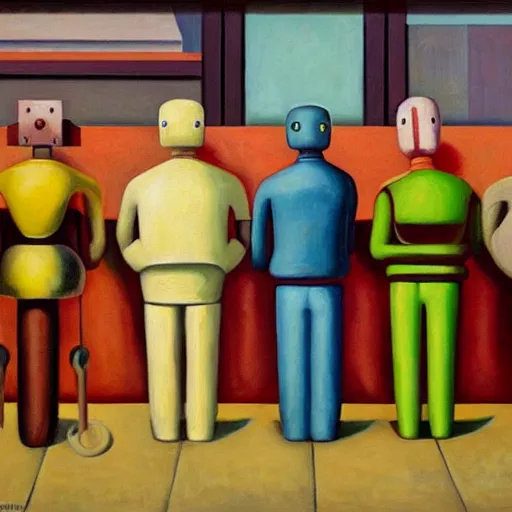 Image similar to robots queue up for ice cream, ( ( ( grant wood ) ) ), pj crook, ( ( ( edward hopper ) ) ), oil on canvas
