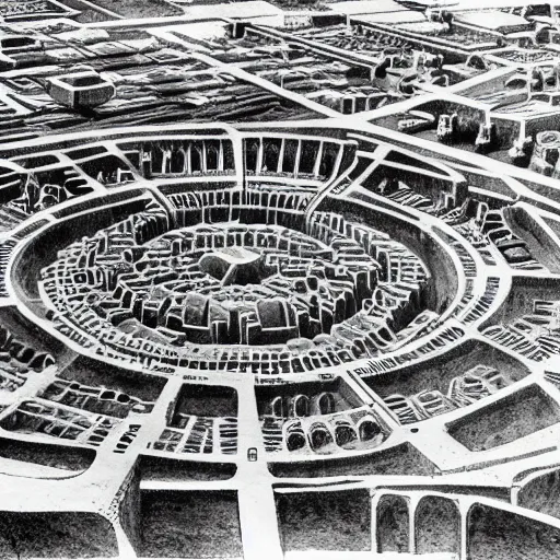 Image similar to A sprawling Mesopotamian city arranged in concentric circles as seen from above, with a giant tower and temple at its center