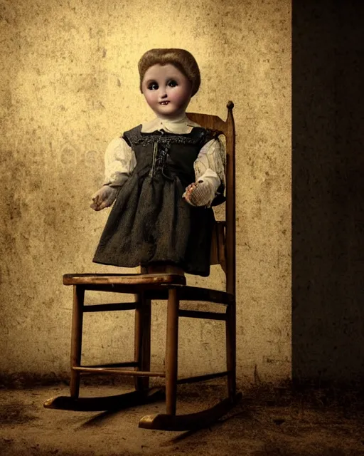 Image similar to closeup portrait of a creepy antique porcelain doll wearing a dirty dress with long wet black hair sitting in a rocking chair next to a child’s bed in a dimly lit filthy room in an abandoned old asylum at night, 8k octane render, cinematic, dramatic lighting, volumetric lighting, vintage photo, (1890)