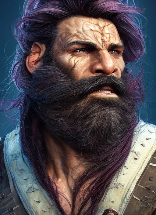 Prompt: portrait of a hulky herculean well groomed ork with flowing long deep violet hair, epic braided beard, style of assassin's creed, intricate, elegant, highly detailed, digital painting, artstation, concept art, smooth, sharp focus, illustration, art by keith thompson, scott m fischer, anne stokes, alexandros pyromallis., 8 k