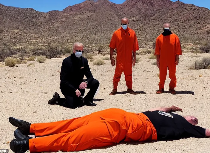 Image similar to joe biden kneeling down in the desert in an orange prison outfit, next to him are two men dressed in full black with black balaclavas, 3 5 mm photograph