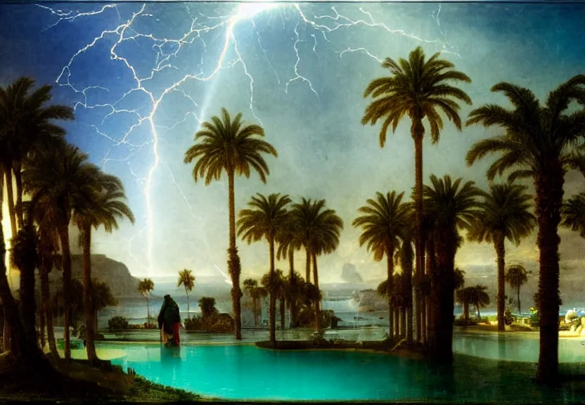 Prompt: Palace floating in the sky, refracted sparkles, thunderstorm, greek pool, beach and palm trees on the background major arcana sky, by paul delaroche, hyperrealistic 4k uhd, award-winning, very very very detailed