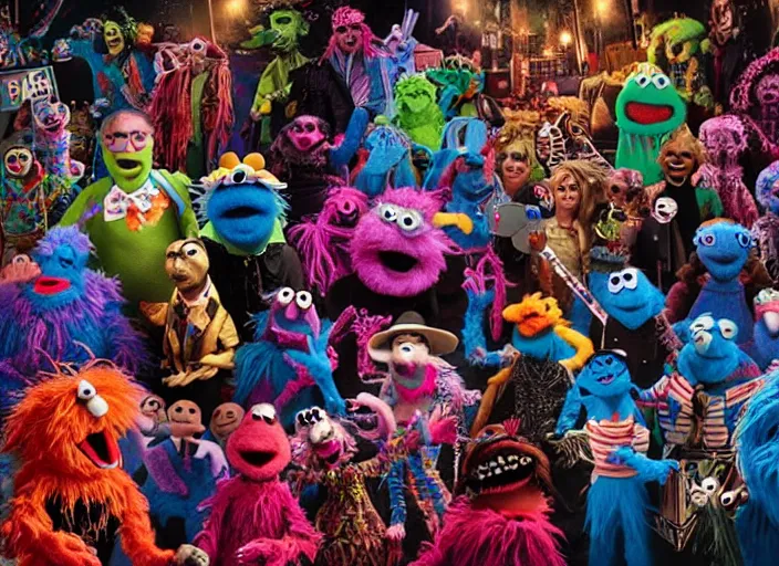 Prompt: 8k hyper realistic detailed image, swirl, unholy Cookie Monster rites in a coven of Muppets, Black Frank the goat and neon pentagram in the center, rich deep colors, neon colors, cinematic shot by Alfonso Cuaron, part by Gaspar Noe, part by stanley kubrick, ultra detailed