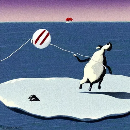 Image similar to cartoon drawing of a seal tossing a ball with a sheep in antarctica. the seal's head is peaking above the water