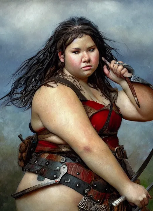 Image similar to hyper realistic painting of medieval chubby beautiful warrior girl, full body, rule of thirds, conceptart, saturated colors, jean baptiste monge