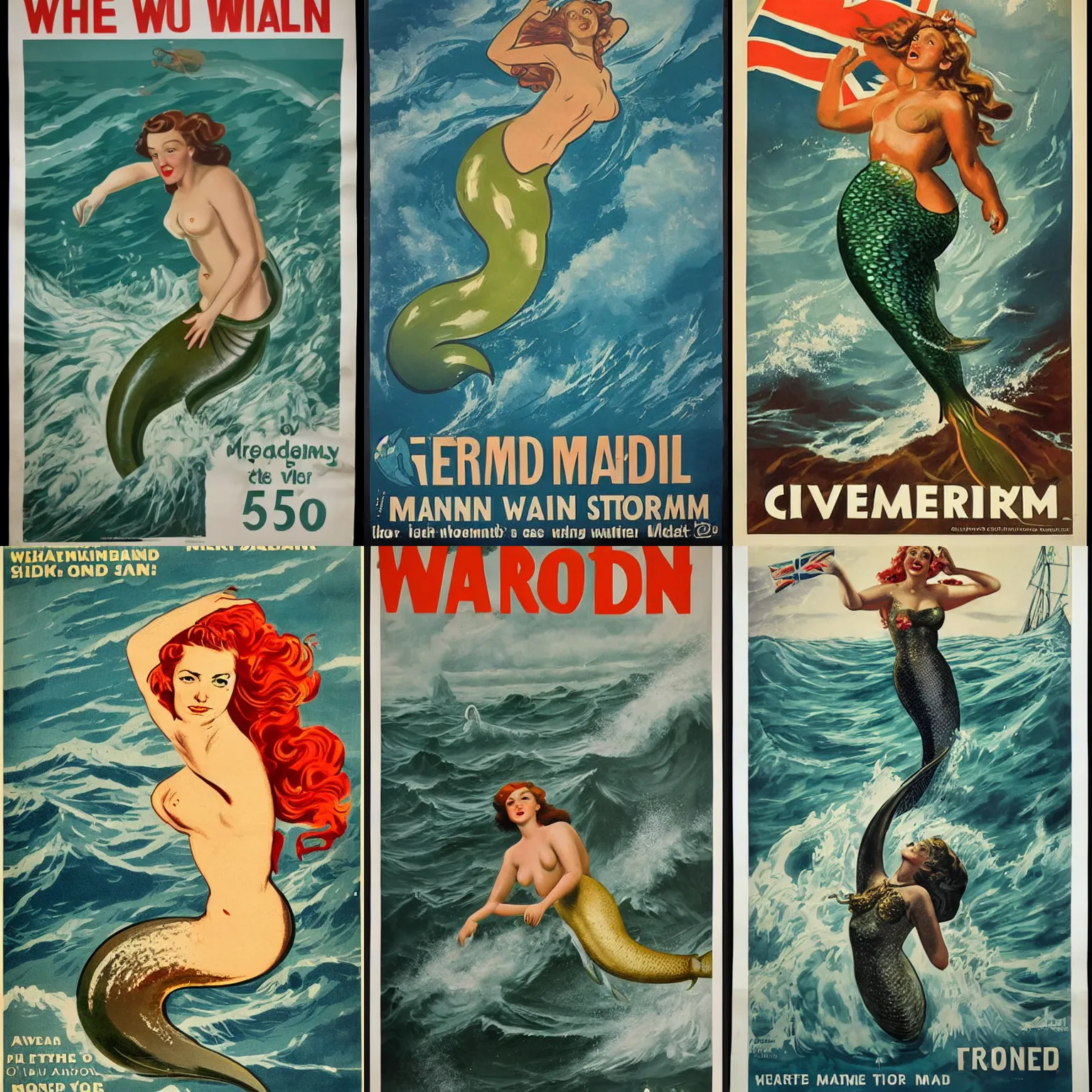 Prompt: British WW2 poster of a mermaid in a storm,