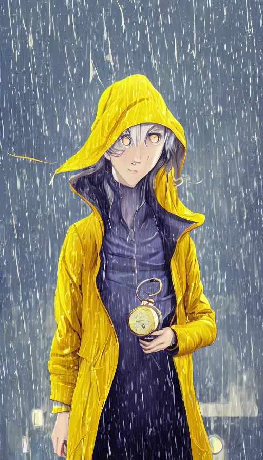 Prompt: girl in a yellow coat standing in the rain holding a small pocket watch, thick outlines, pale colors, digital art, hard edges, detailed, dynamic pose, character design, fisheye perspective, above angle, artwork by makoto shinkai, very coherent asymmetrical artwork, matte painting, sharp edges, perfect face, simple form