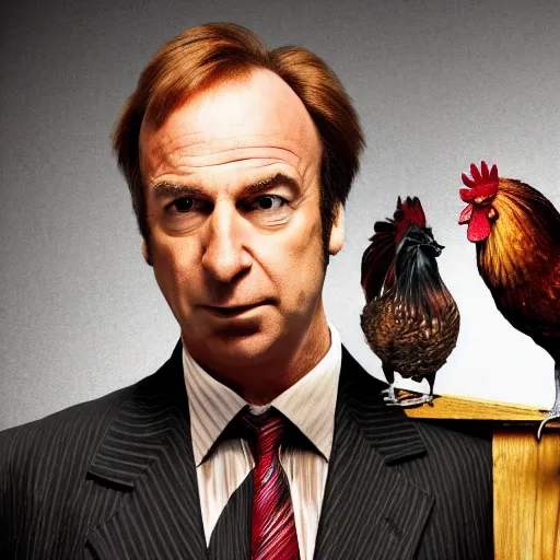 Image similar to saul goodman and a rooster in a saw movie torture chamber, saw movie jigsaw background, saul goodman, rooster, photo