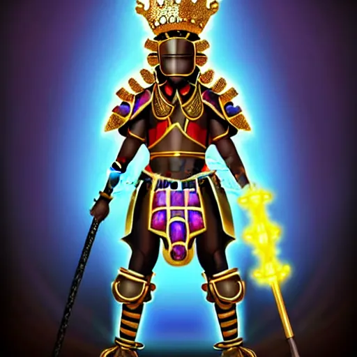 Prompt: a young black boy dressed like an african moorish warrior, with four arms, wearing gold armor and a crown with a ruby, posing with a very ornate glowing electric spear!!!!, for honor character digital illustration portrait design, by android jones in a psychedelic fantasy style, dramatic lighting, hero pose, wide angle dynamic portrait