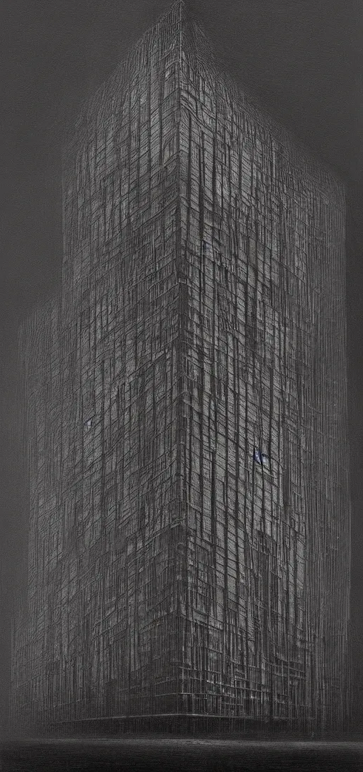 Prompt: zdzisław beksiński painting of a modern office building, dark colors, tendrils, 4K, high quality, creepy