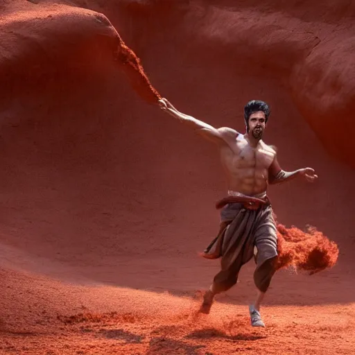 Image similar to cinematic still of a gust of wind blowing red clay into the shape of a 30 year old middle eastern man emerging waist up out of the red clay, strong, muscular, mysterious, fantastical, miraculous, epic, light rays, cinematic, Biblical epic directed by Steven Spielberg