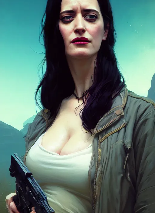 Image similar to highly detailed portrait of eva green in gta v, stephen bliss, unreal engine, fantasy art by greg rutkowski, loish, rhads, ferdinand knab, makoto shinkai and lois van baarle, ilya kuvshinov, rossdraws, tom bagshaw, global illumination, radiant light, detailed and intricate environment