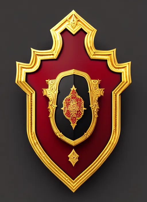 Image similar to black background, a beautiful symmetrical wooden shield decorated with gold, ivory and dark red, front facing view, mirrored, ornamental art, octane render, royal shield