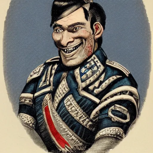 Prompt: 1 9 th century style portrait of a a middle aged half orc with blueish intelligent eyes, wearing a bemused fanged smile on his face. dressed in a patchwork military uniform jacket with cut sleeves, runic arm tattoos, his jacket has many charms and baubles and an upturned collar.