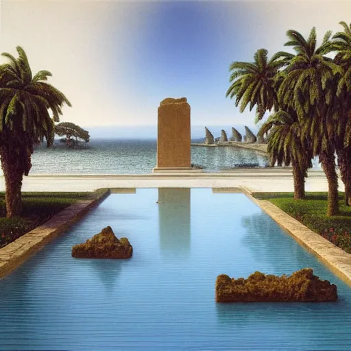 Image similar to David Ligare masterpiece, hyperrealistic surrealism, award winning masterpiece with incredible details, epic stunning, infinity pool, a surreal vaporwave liminal space, highly detailed, trending on ArtStation, broken giant marble head statue ruins, calming, meditative, geometric liminal space, palm trees, very vaporwave, very very surreal, sharp details