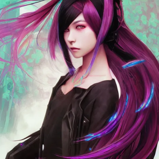 Prompt: a beautiful portrait of hatsune miku with long black and deep red colored hair and one purple colored cyborg eye, dressed a netrunner from shadowrun, intricate, elegant, highly detailed, digital painting, artstation, concept art, matte, sharp focus, illustration, art by greg rutkowski and alphonse mucha