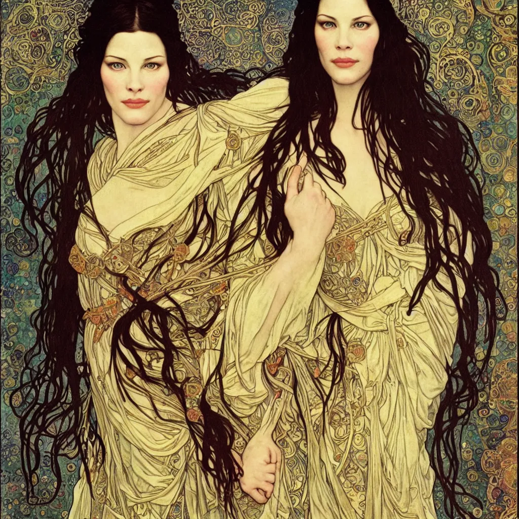 Image similar to Liv Tyler as Arwen Undómie in The lord of the rings made with a combination of the art styles of Alphonse Mucha and Gustav Klimt. Masterpiece. High Quality Details