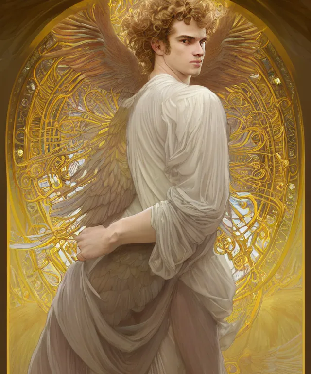 Image similar to fullbody symmetrical portrait of a beautiful young fit male angel with curly blond hairs, full dressed in long fluent clothes, majestic big dove wings, luminous halo, by greg rutkowski and alphonse mucha, gradient white to gold, in front of an iridescent background, highly detailed portrait, digital painting, artstation, concept art, smooth, sharp focus illustration