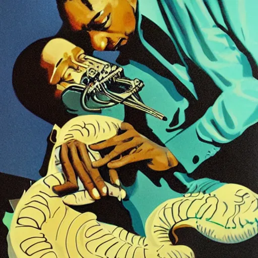 Prompt: john coltrane snuggling a slimy alien